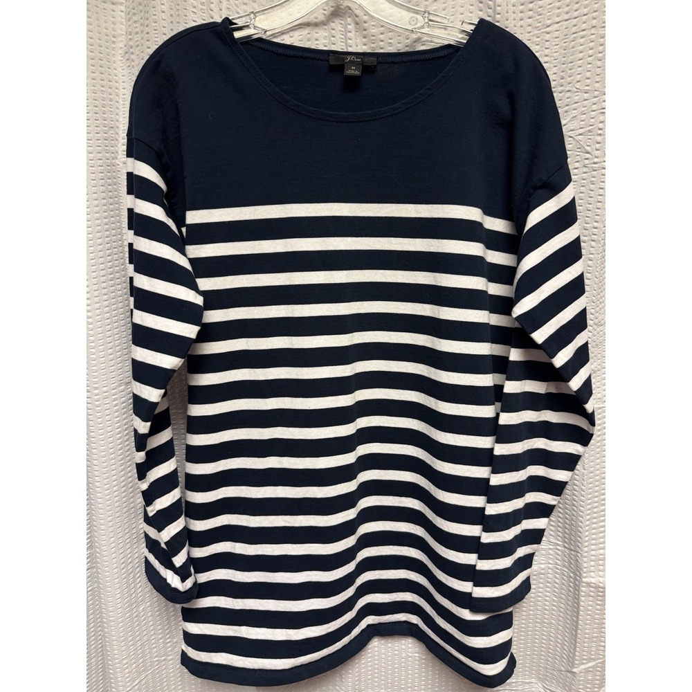 J. Crew‎ Blue White Striped Boat Neck Cotton Tunic Top Size Med Style AE778